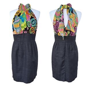 Trina Turk Scarf Print Halter Sheath Dress Black Multicolor Sz 8 Cocktail Party
